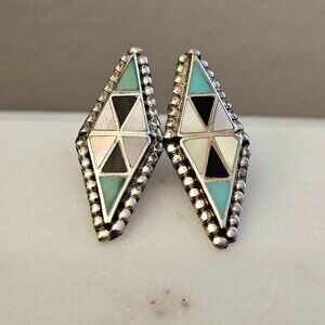 Vintage Zuni Signed MG Sterling Silver Multi-Stone Inlay Earrings
